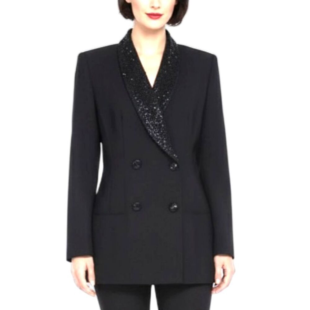 Lois Snyder Dani Max Black Beaded Lapel & Buttons Double Breasted Formal Blazer